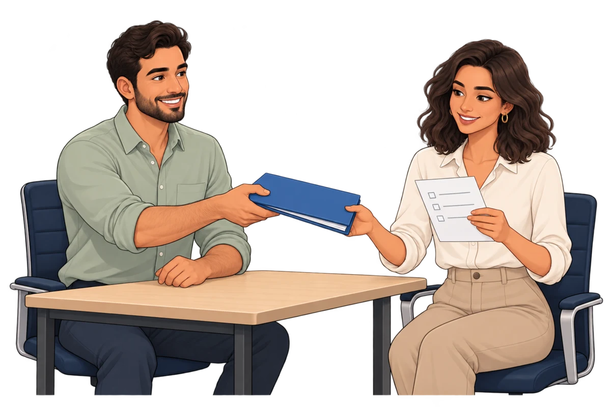 Personagens ilustrativos do Pipecom encaminham uma pasta e combinam a próxima tarefa