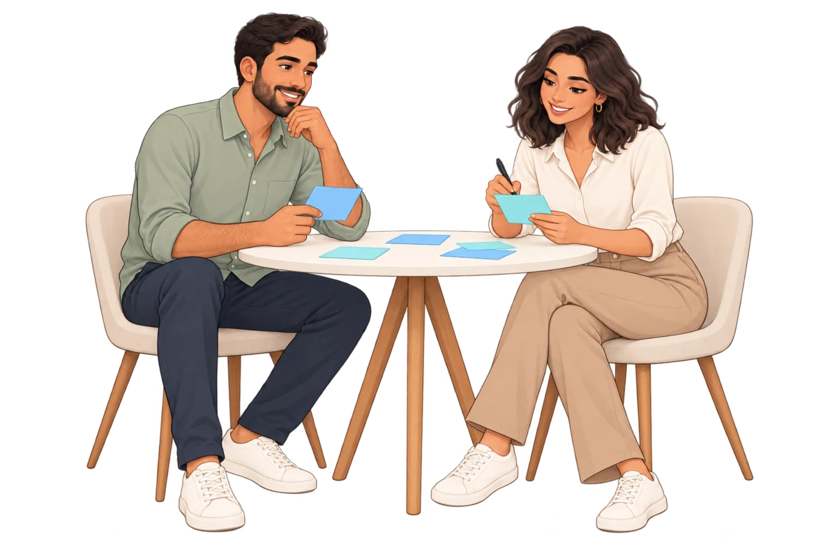 Personagens ilustrativos do Pipecom revisam cartões de tarefas em uma mesa